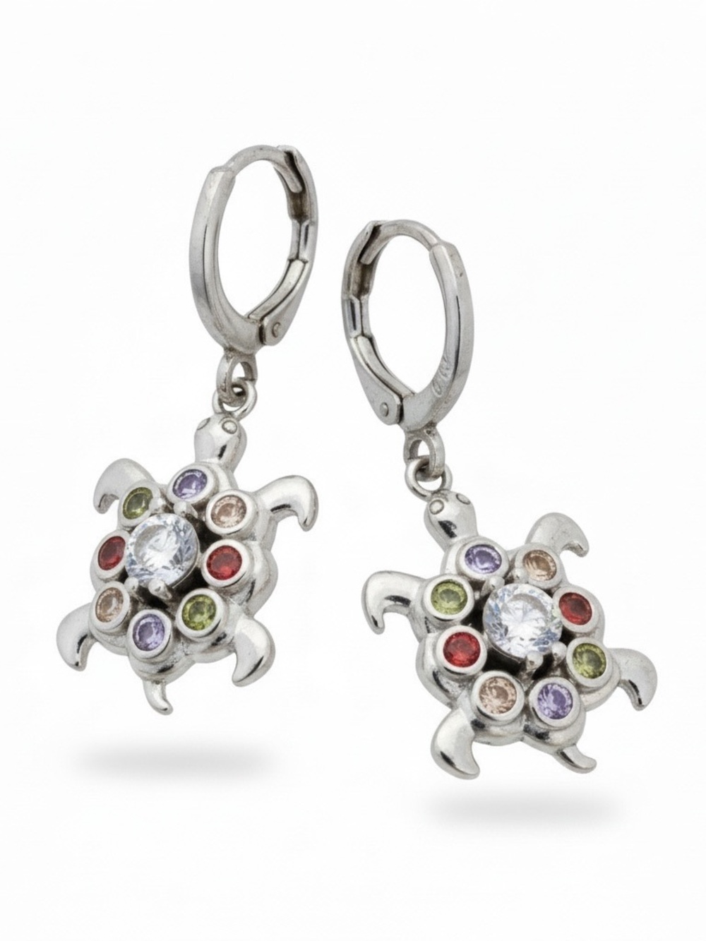 Pretty Bird Jewelry White Gold Turtle Drop Earrings with Multicolor Stones
